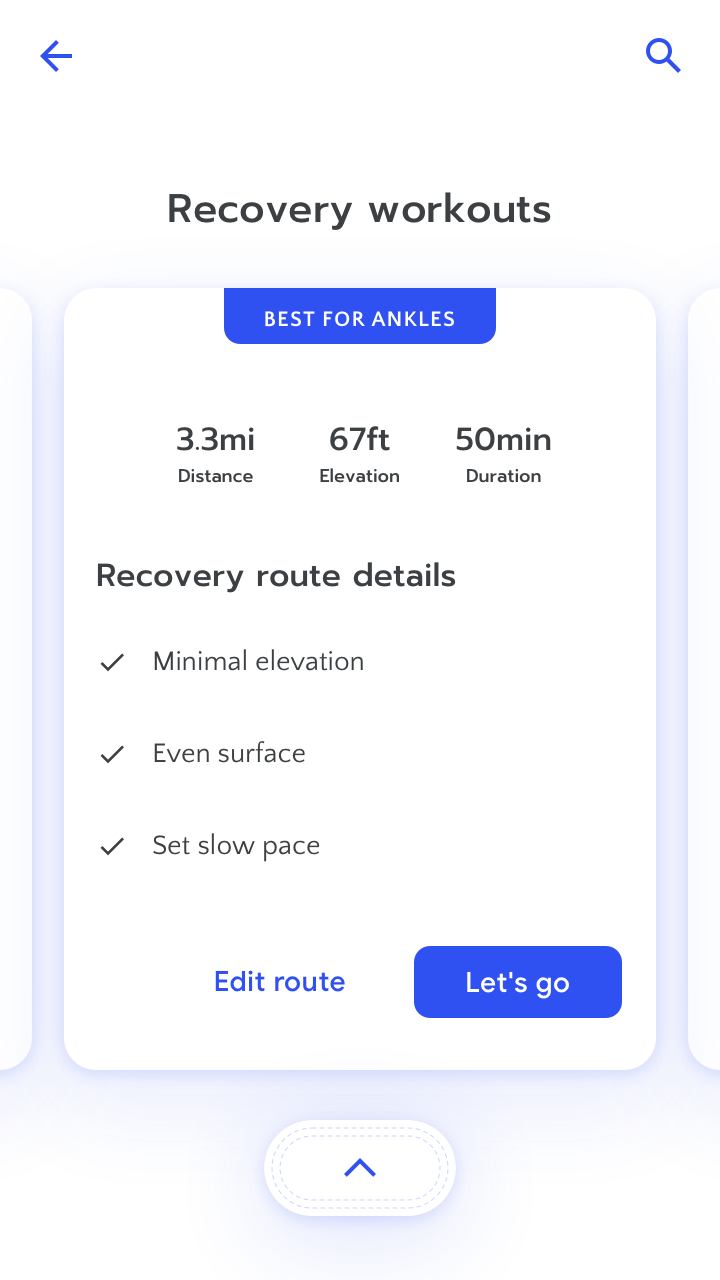 RUN app screenshot of a suggested recovery route. Specifies that the route has minimal elevation, even surface, slow pace. User has option to edit route. 