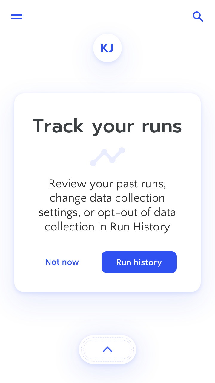 RUN app screenshot: 'Review your past runs, change data collection settings, or opt out of data collection in Run history.' 