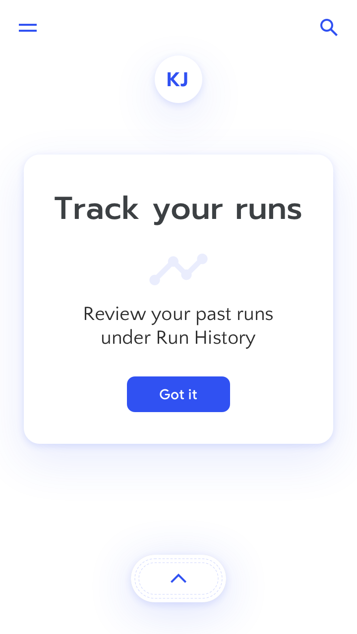 RUN app screenshot: 'Revew your past runs under run history.' 