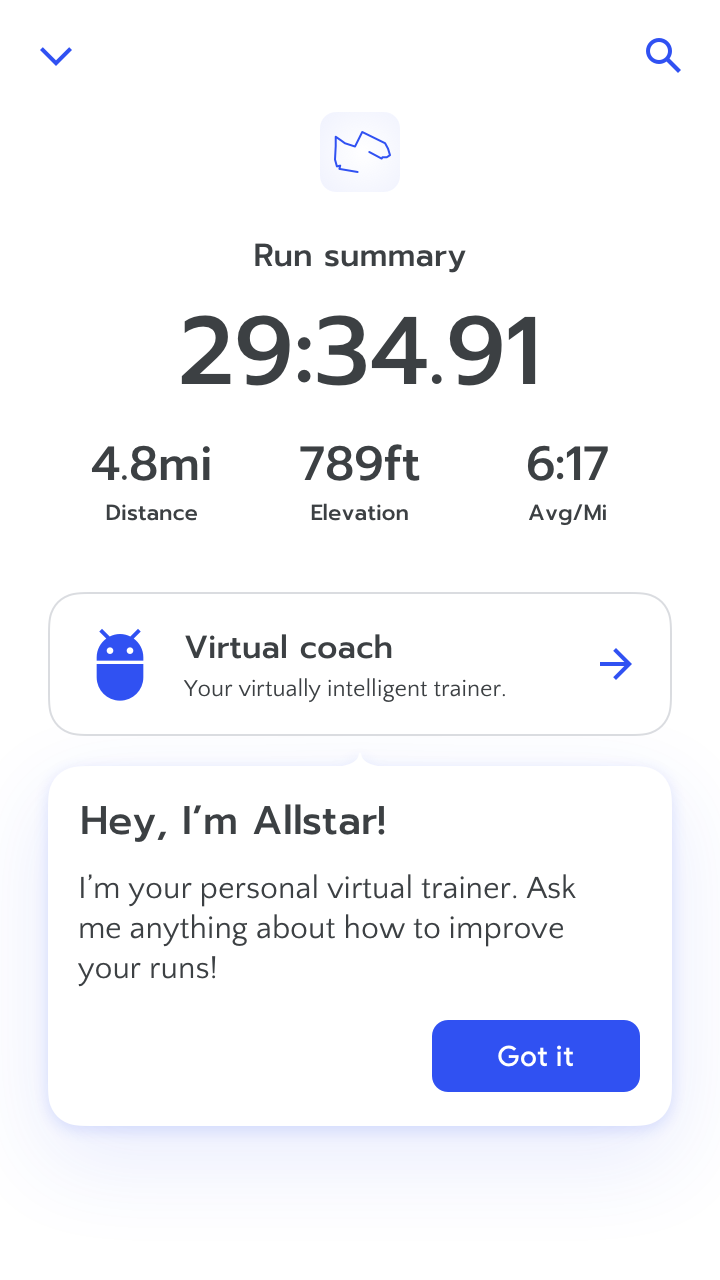 RUN app screenshot with prompt: 'Hey, I'm Allstar! I'm your personal virtual trainer. Ask me anything about how to improve your runs.' 