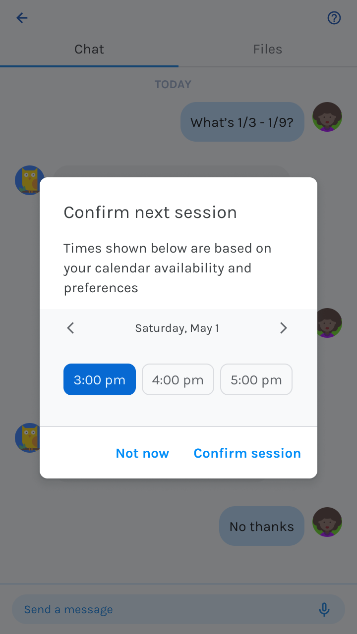 Confirm next session: Times shown are based on your calendar availability and preferences. 