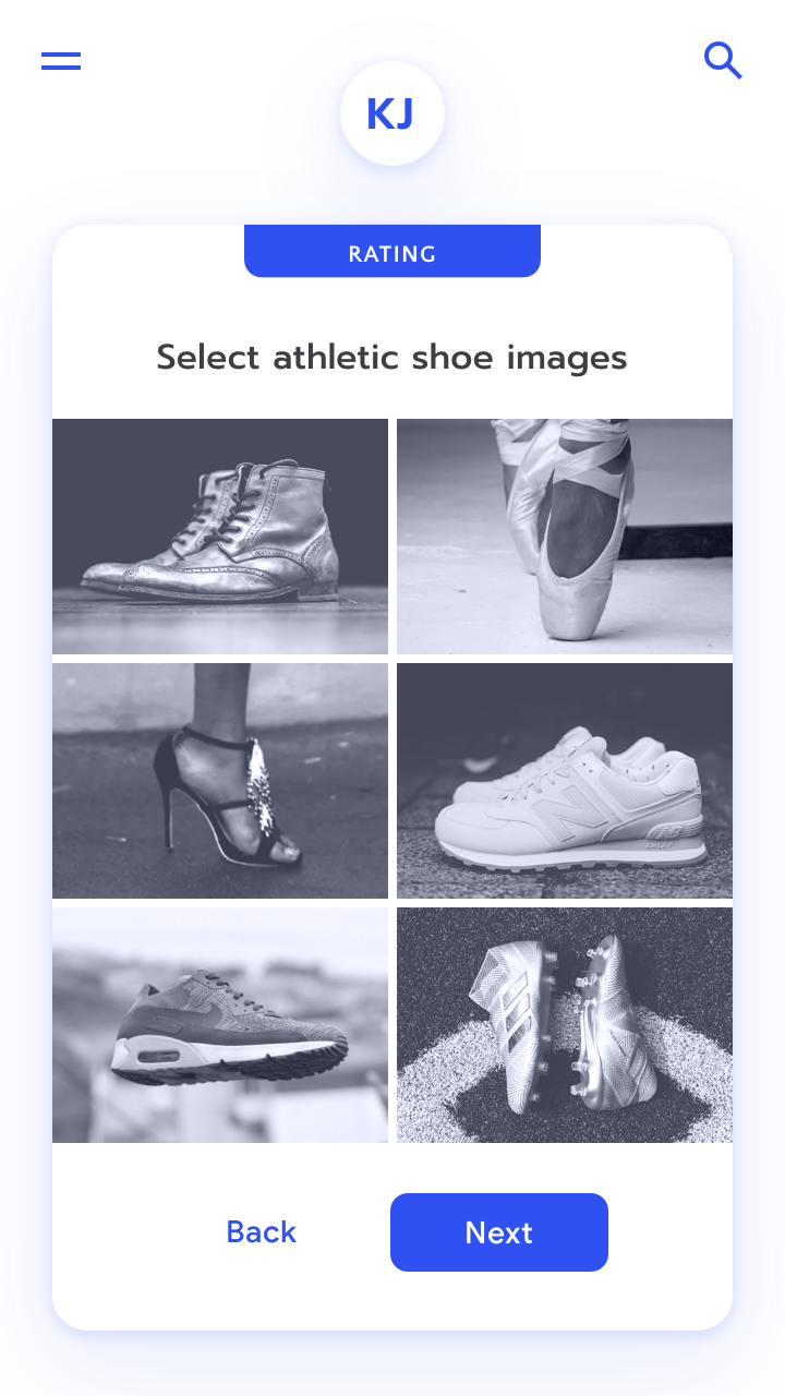 Screenshot of data labeling app with images of miscellaneous athletic shoes with instruction 'Select athletic shoe images'