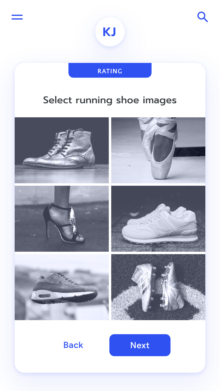 Screenshot of data labeling app with images of miscellaneous athletic shoes with instruction 'Select running shoe images'