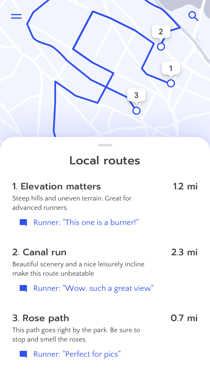 Screenshot of user reviews of running routes, with user identies obscured.