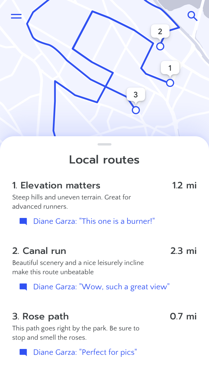 Screenshot of user reviews of running routes, with user identies revealed.
