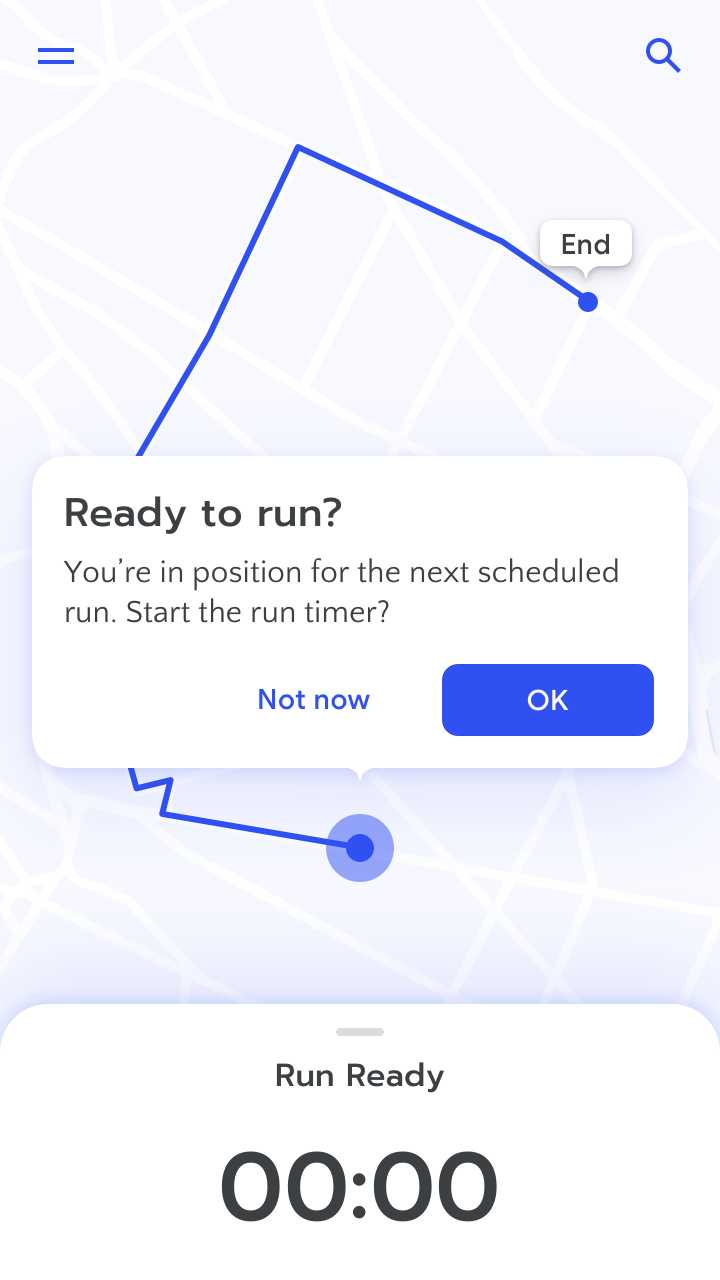 RUN app screenshot with prompt 'Ready to run? You're in position for the next scheduled run. Start the run timer?'