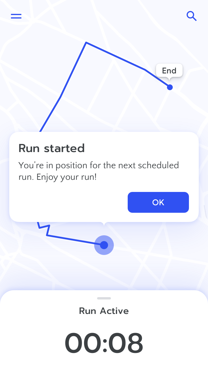 RUN app screenshot with notification: 'Run started. You're in position for the next scheduled run. Enjoy your run!'