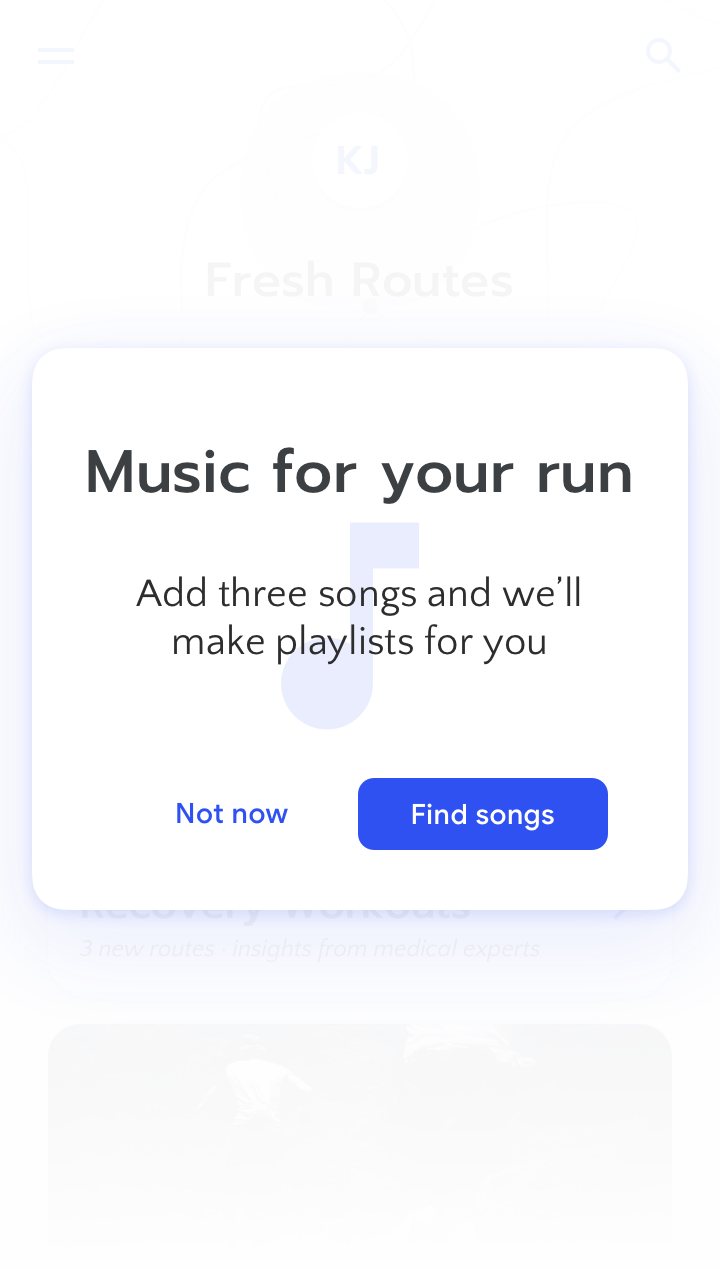 RUN app screenshot with notification: 'Music for your run. Add three songs and we'll create a playlist for you. Get started.'
