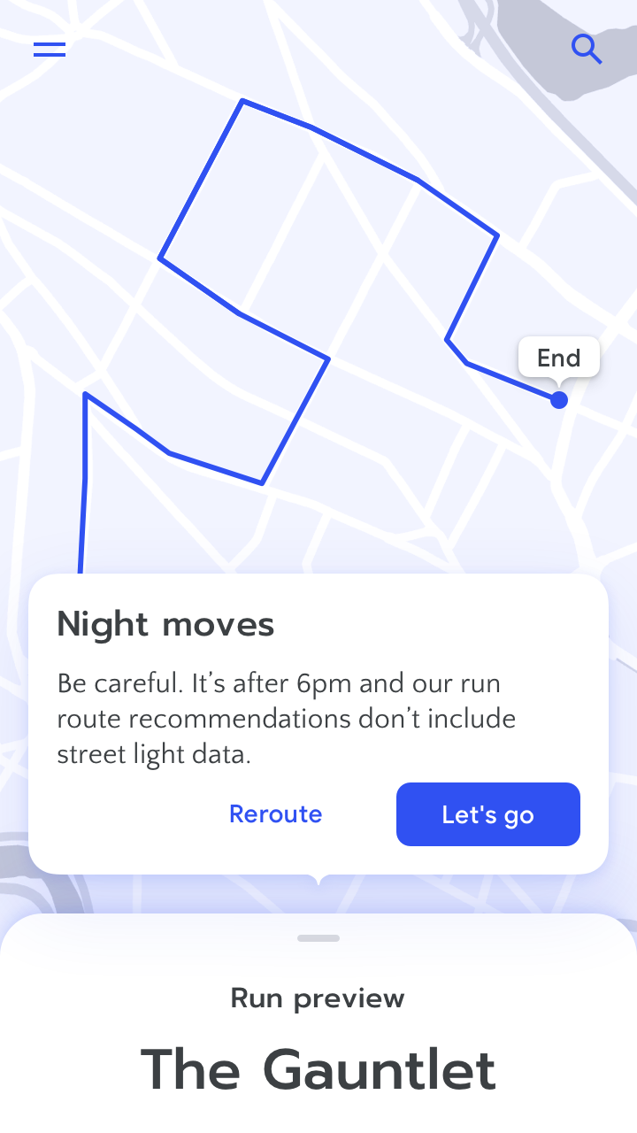 RUN app screenshot of a running route preview with message: 'Be careful. It's after 6pm and our run route recommendations don't include street light data.'