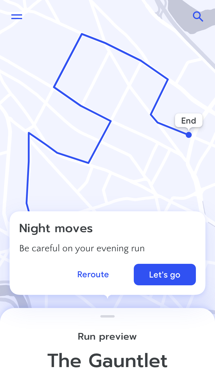 RUN app screenshot of a running route preview with message: 'Be careful on your evening run.'