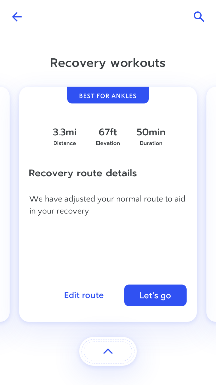 RUN app screenshot of a suggested recovery route. 'Recovery route: we have adjusted your route to aid your recovery.'