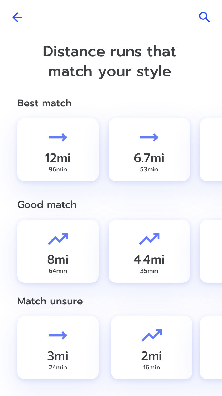 RUN app screenshot: 'Distance runs that match your style.' Three categories offered, with carousel of options in each: Best match, good match, match unsure. 
