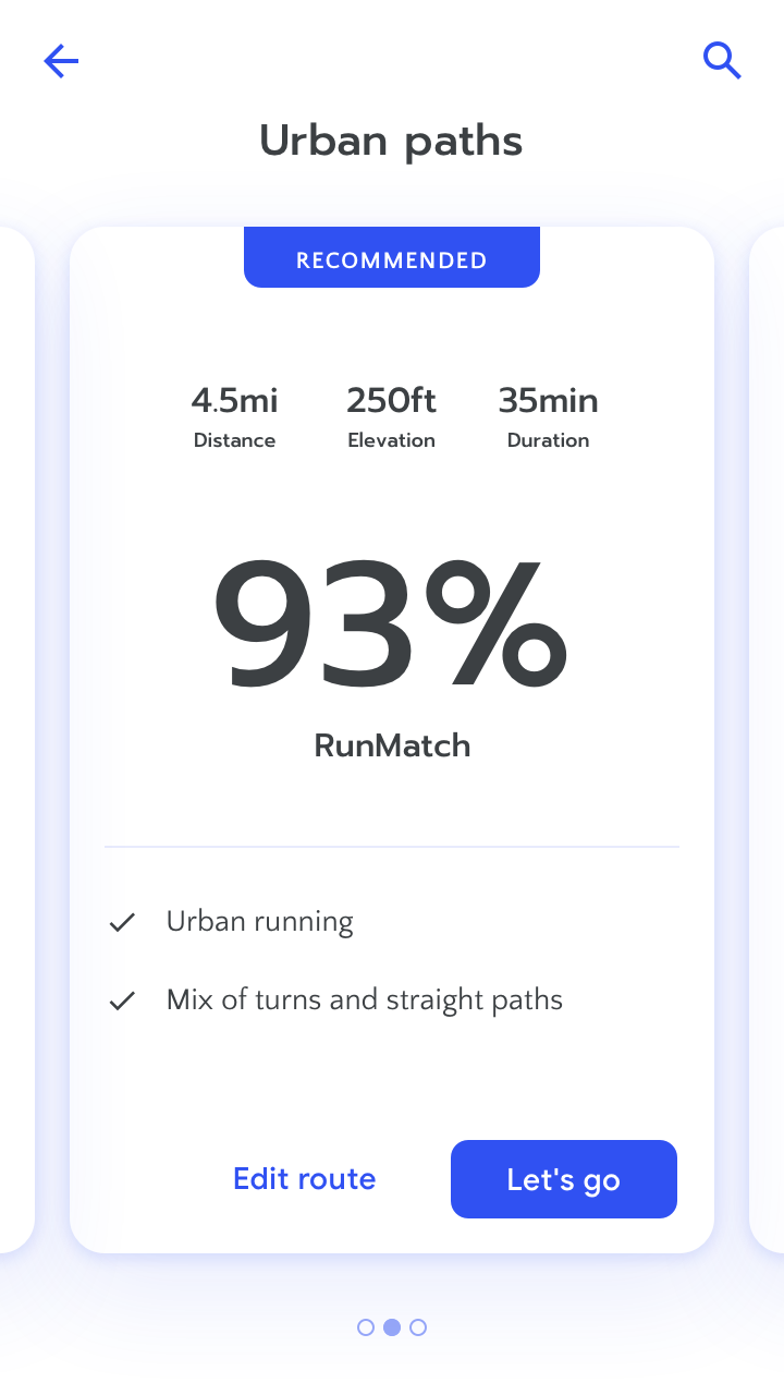 RUN app screenshot of recommended route with '93% run match' score, based on user request for urban running and mix of turns and straight paths. 