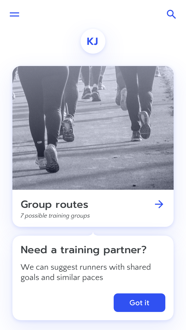 RUN app screenshot of training group selection feature, with prompt: 'Need a training partner? We can suggest runners with shared goals.'
