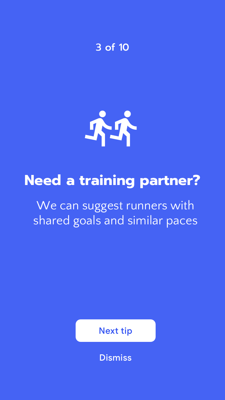 RUN app screenshot of onboarding screen three of 10, with prompt: 'Need a training partner? We can suggest runners with shared goals.'