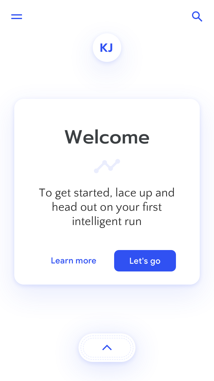 RUN app screenshot: 'Welcome. To get started, lace up and head out on your first intelligent run.'