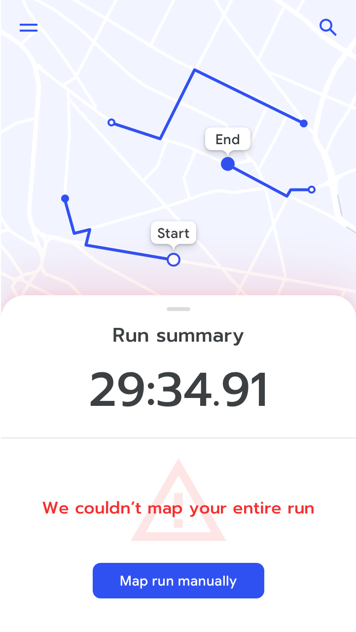 RUN app screenshot with error message: 'We couldn't map your entire run. Would you like to map your run manually?'