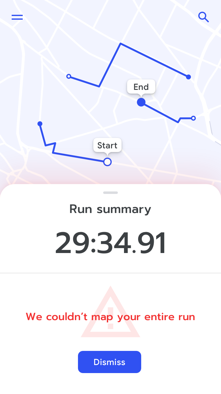 RUN app screenshot with error message: 'We couldn't map your entire run.'