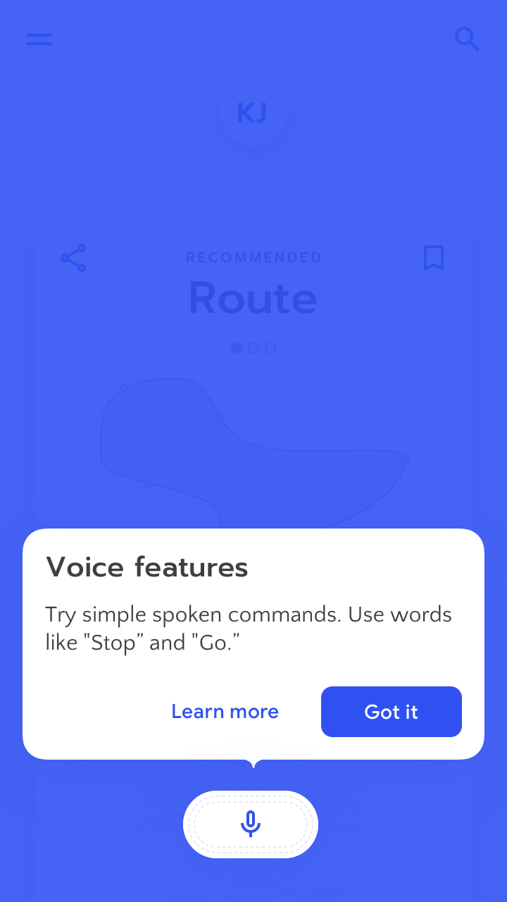 RUN app screenshot showing voice feature activated and message: 'Voice features. Try simple spoken commands. Use words like stop and go.'