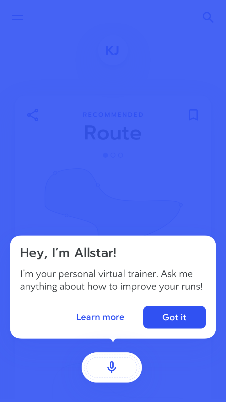 RUN app screenshot showing voice feature activated and message: 'Hey, I'm Allstar! I'm your personal virtual trainer. Ask me anything about how to improve your runs.'