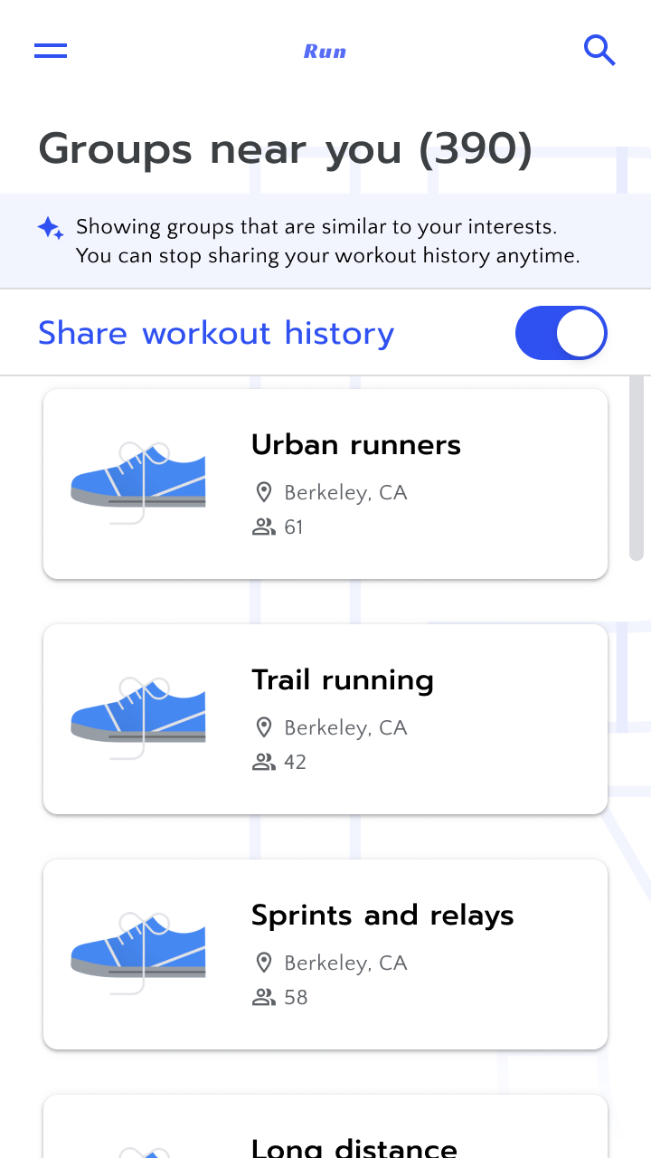Groups near you (390). Showing groups that are similar to your interests. You can stop sharing your workout history anytime.
