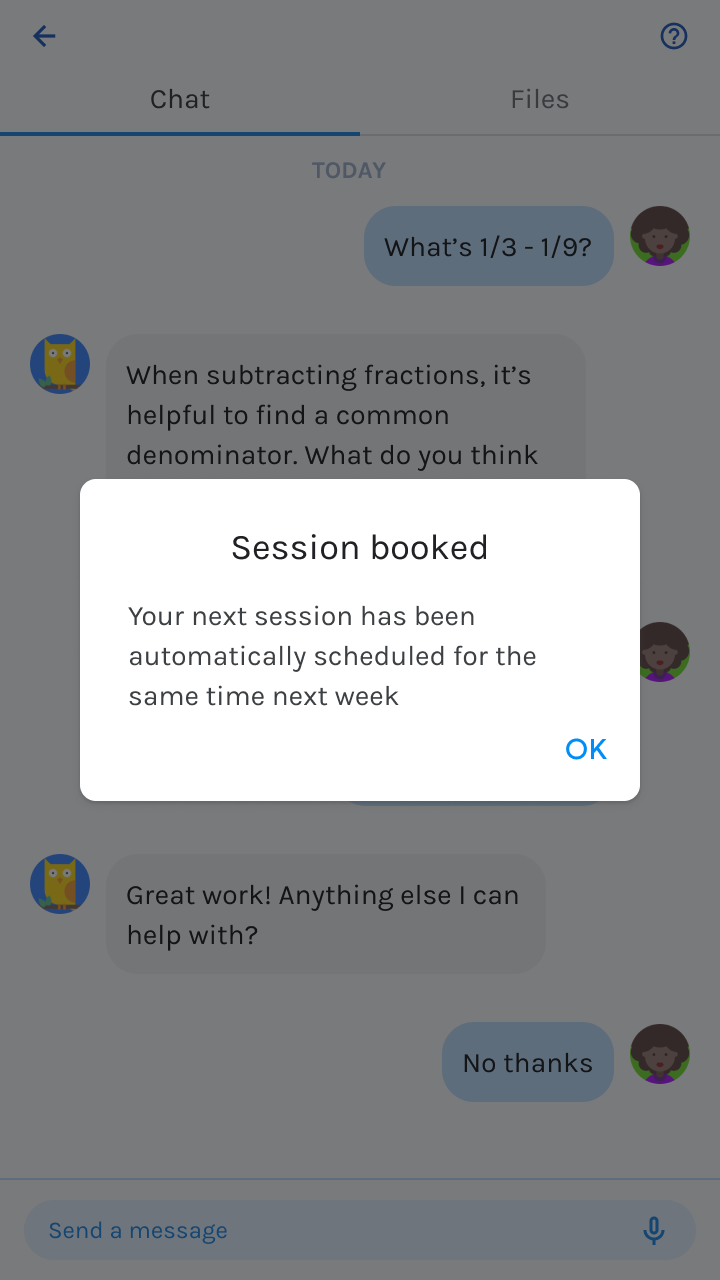 Session booked: Your next session has been automatically scheduled for the same time next week.