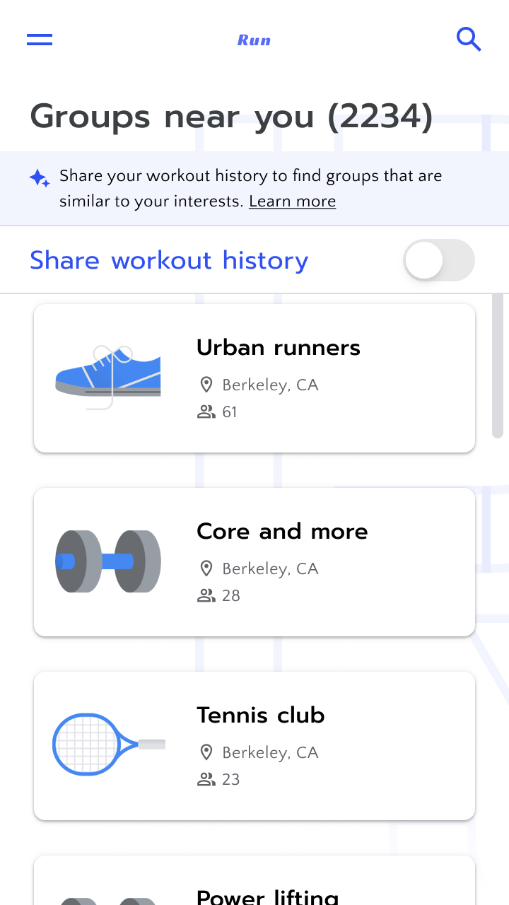 Groups near you (2,234). Share your workout history to find groups that are similar to your interest.